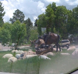 Cowboy and horse as seen through rental car. Rugged!
